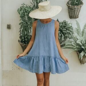 LJC Designs SZ L Annie Dress In Blue Dropped Waist Ruffle Detail Relaxed